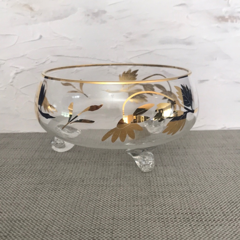 Vintage Glass Footed Bowl with Gold Floral Trim Details